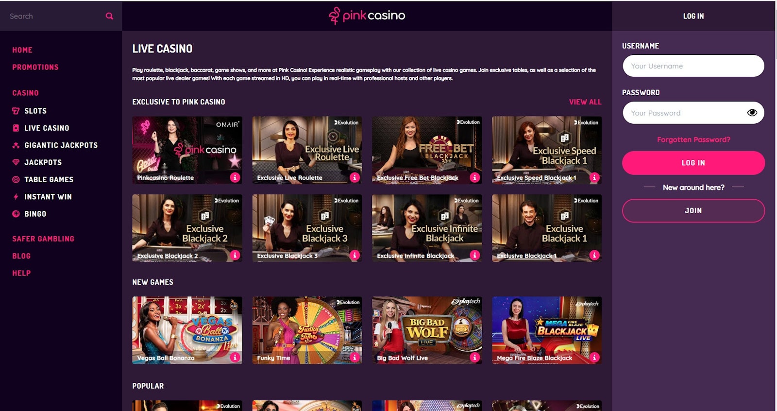 Pink Casino live game menu