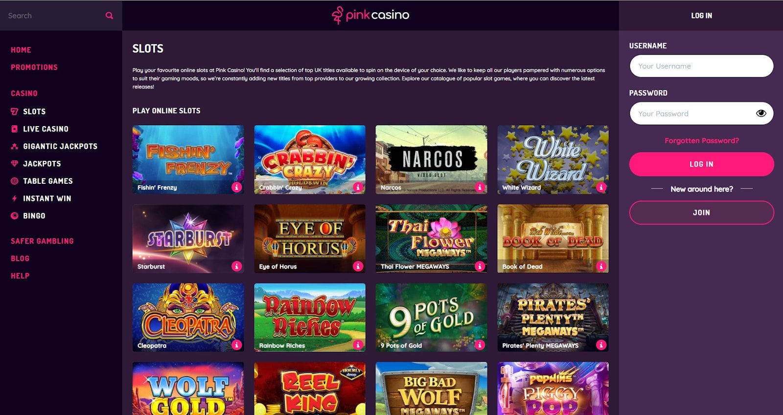 Pink Casino slots page