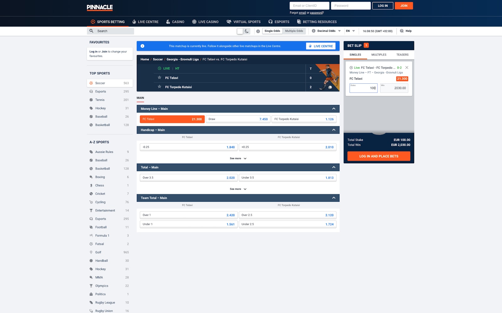 Pinnacle live betting