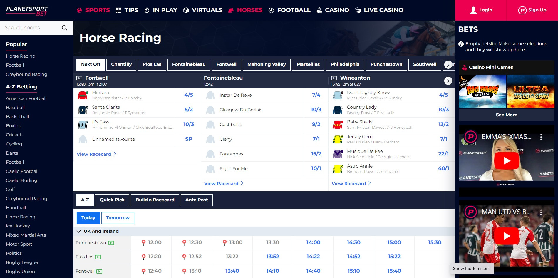 Planet Sport Bet horseracing page