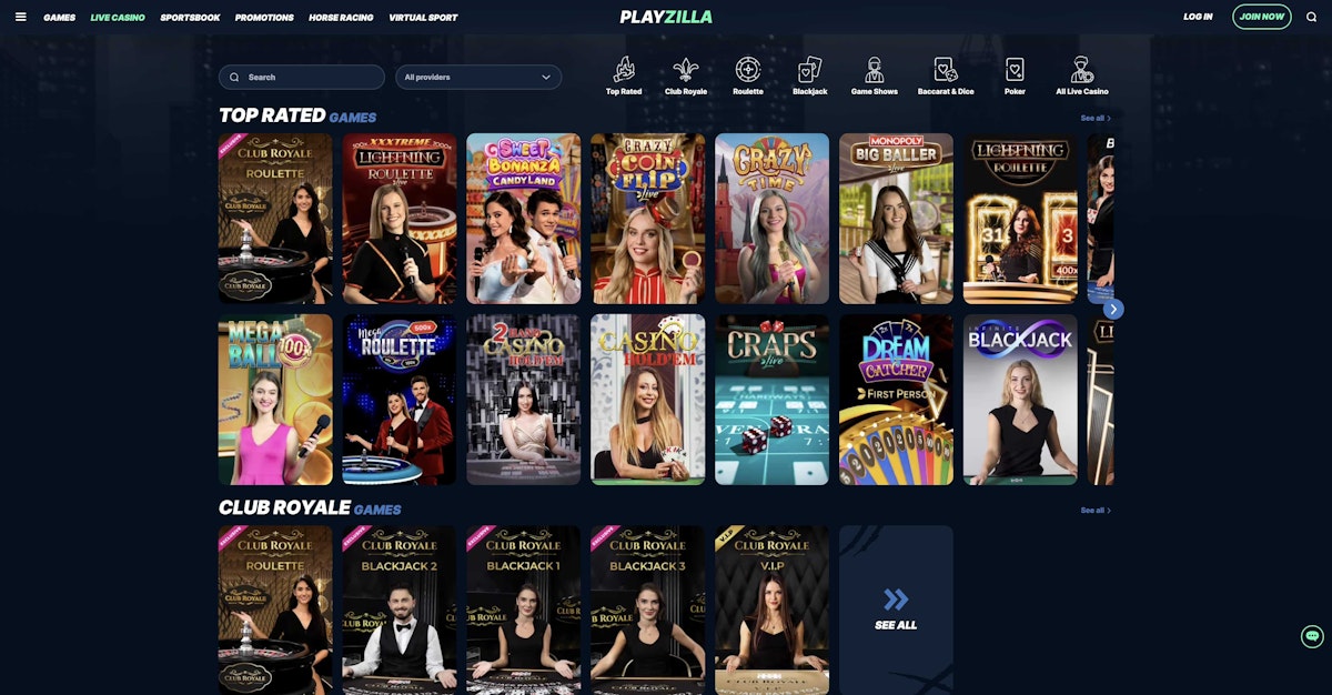 PlayZilla Live Casino Interface