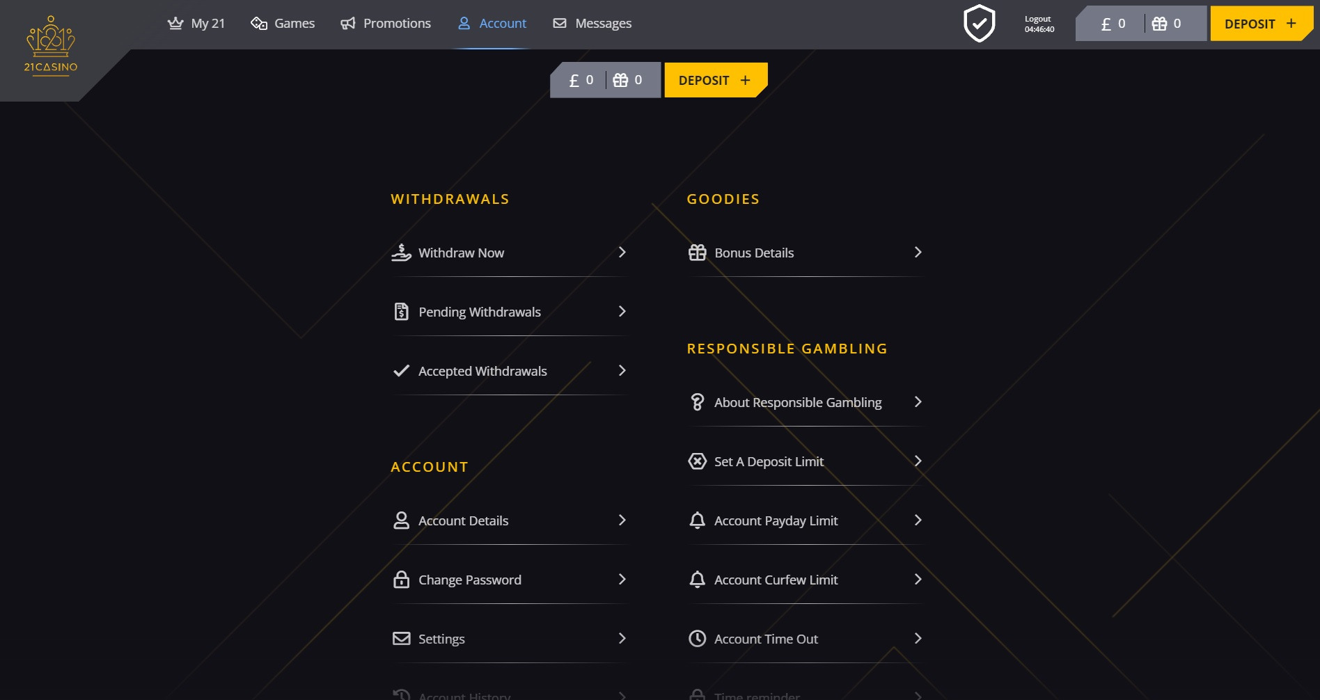 Players have a wealth of account options available with clear and easy to access options for all players