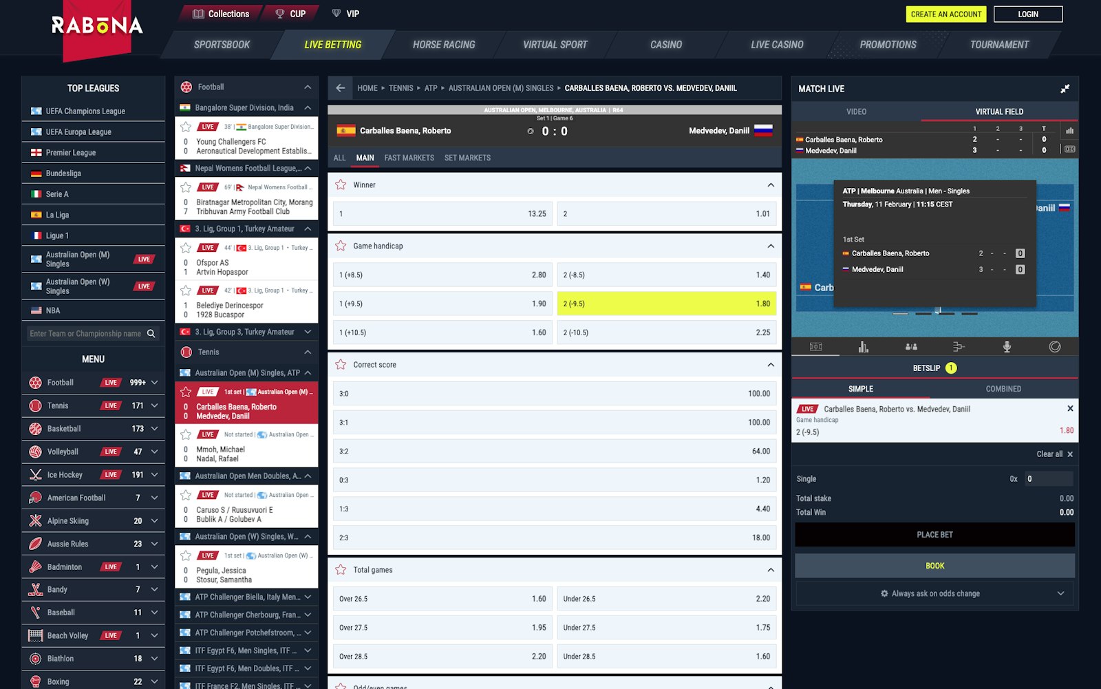 Rabona betting live