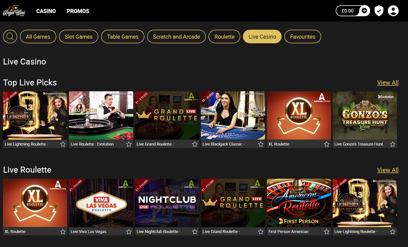 Regal Wins Live Casino page