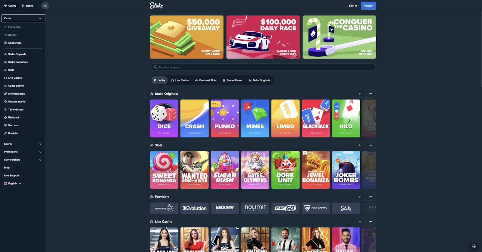 Stake.com Casino Page