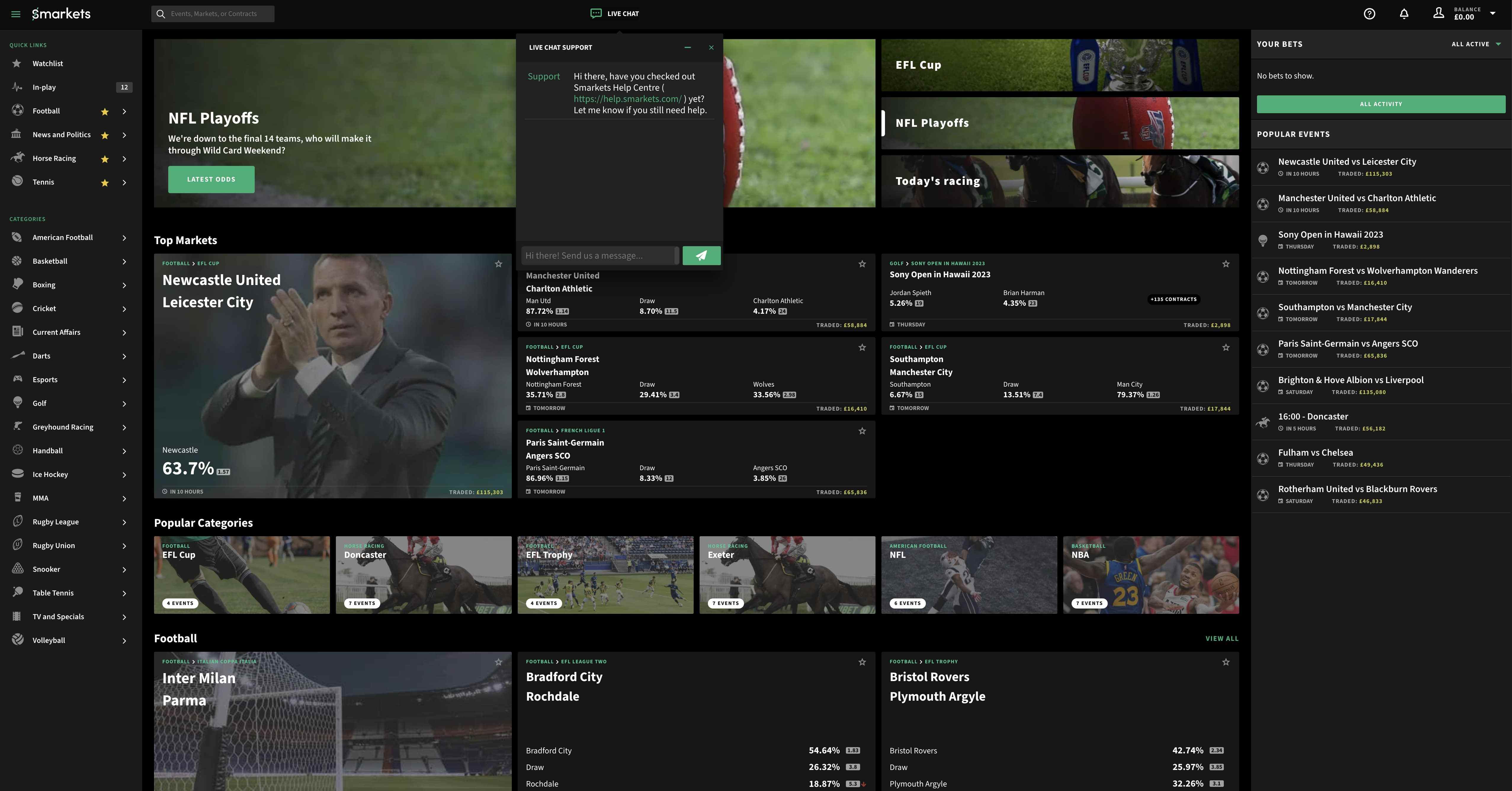 Smarkets Live Chat Support is at the top of the page