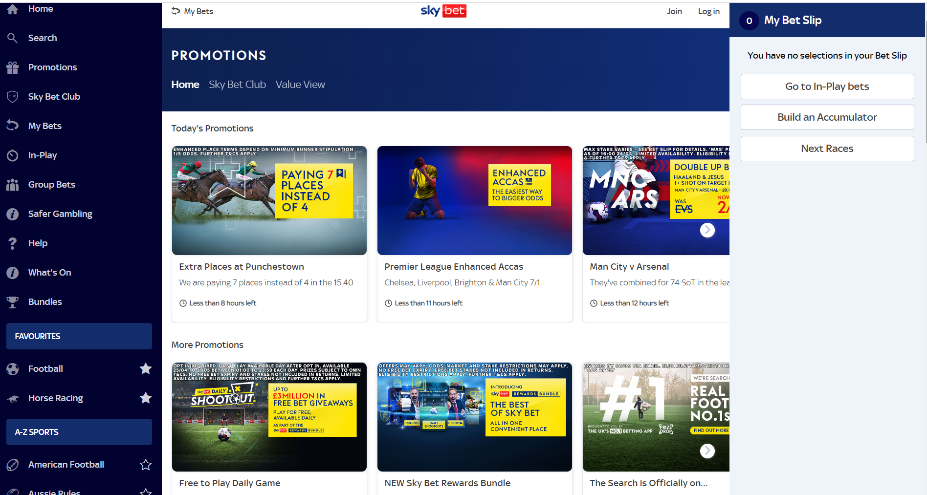 Sky Bets daily promotions page