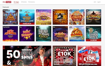 Sky Vegas homescreen with featured games displayed and promotional offers