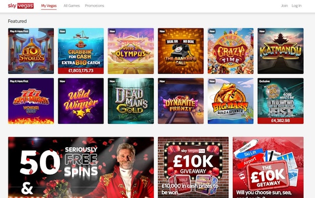 Sky Vegas homescreen with featured games displayed and promotional offers