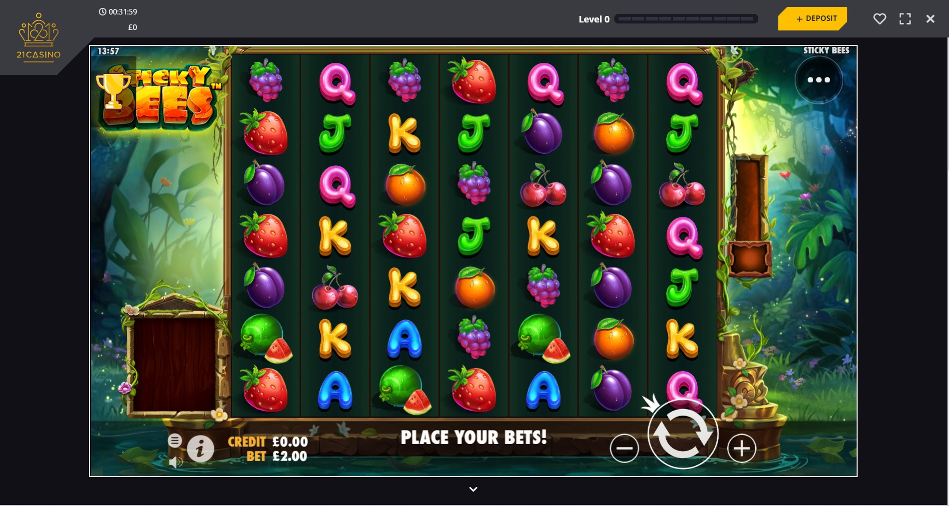 Slots such as Sticky Bees load instantly and have a good range of options including fullscreen mode and sound options plus a handy info section