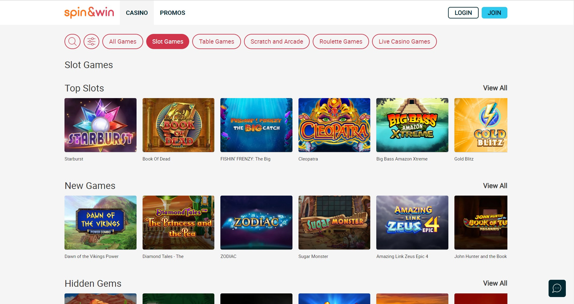 Spin And Win games menu