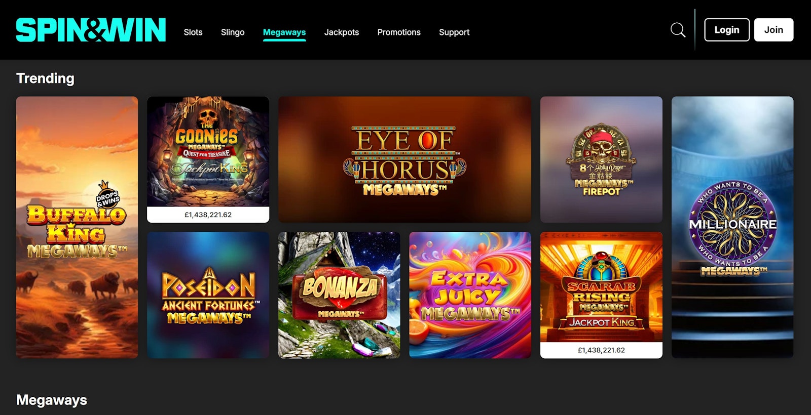 Spin and Win Megaways page