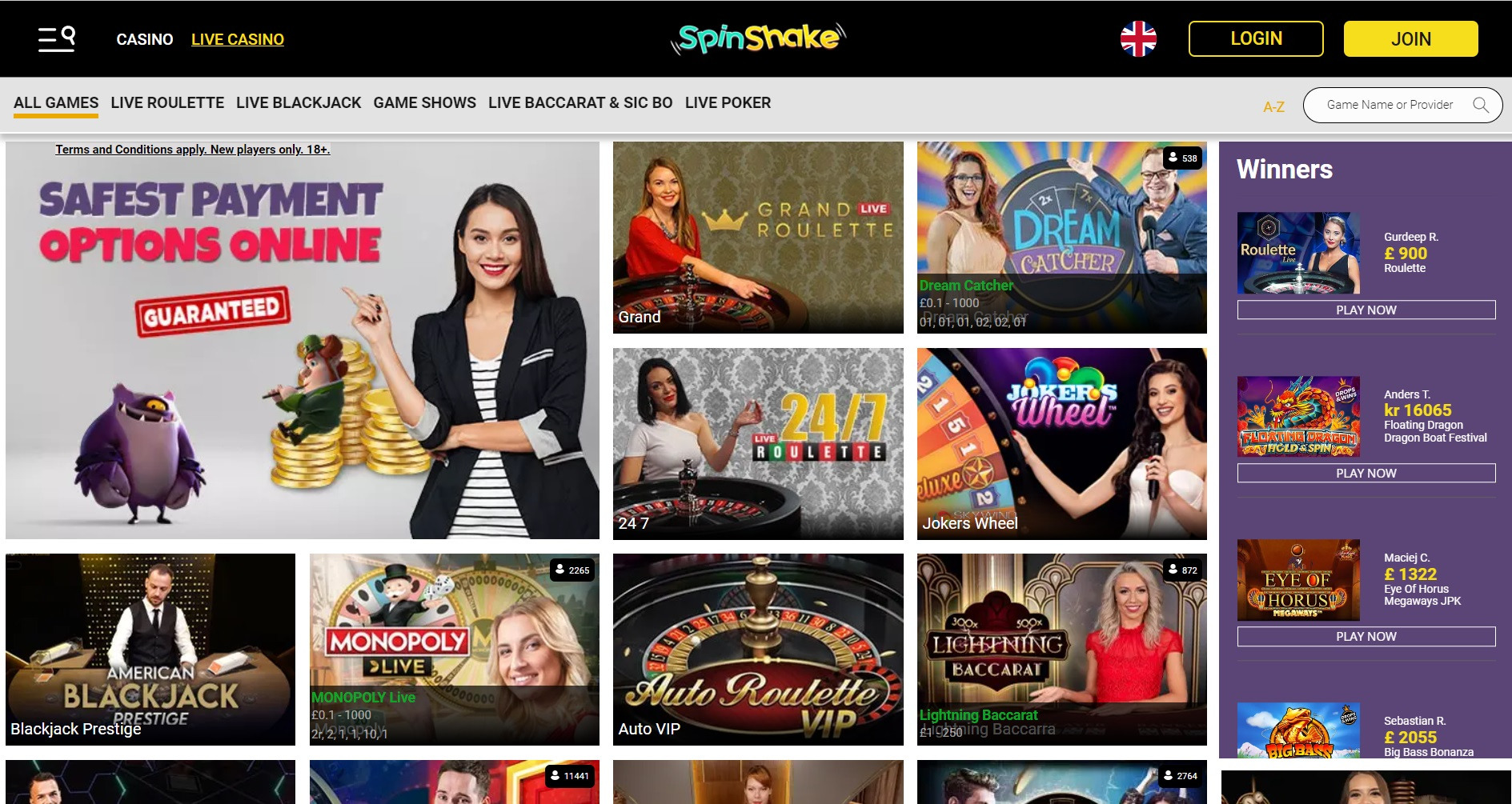 Spin Shake Live Casino screen