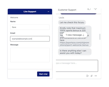 Sportaza live chat support screenshots
