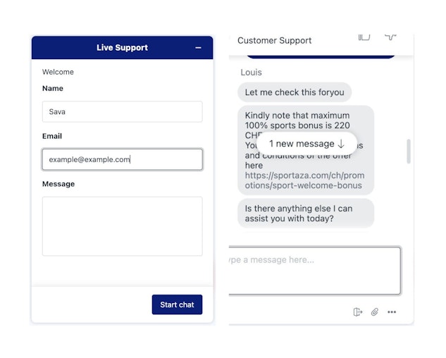 Sportaza live chat support screenshots