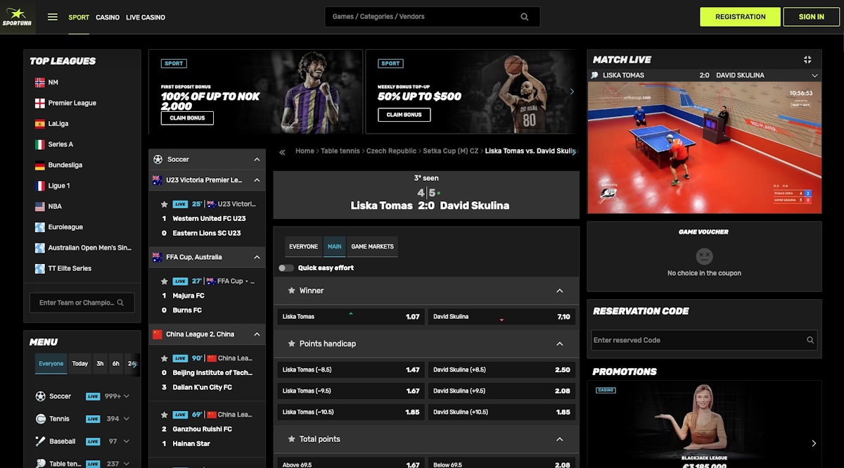 Sportuna Live Casino Interface