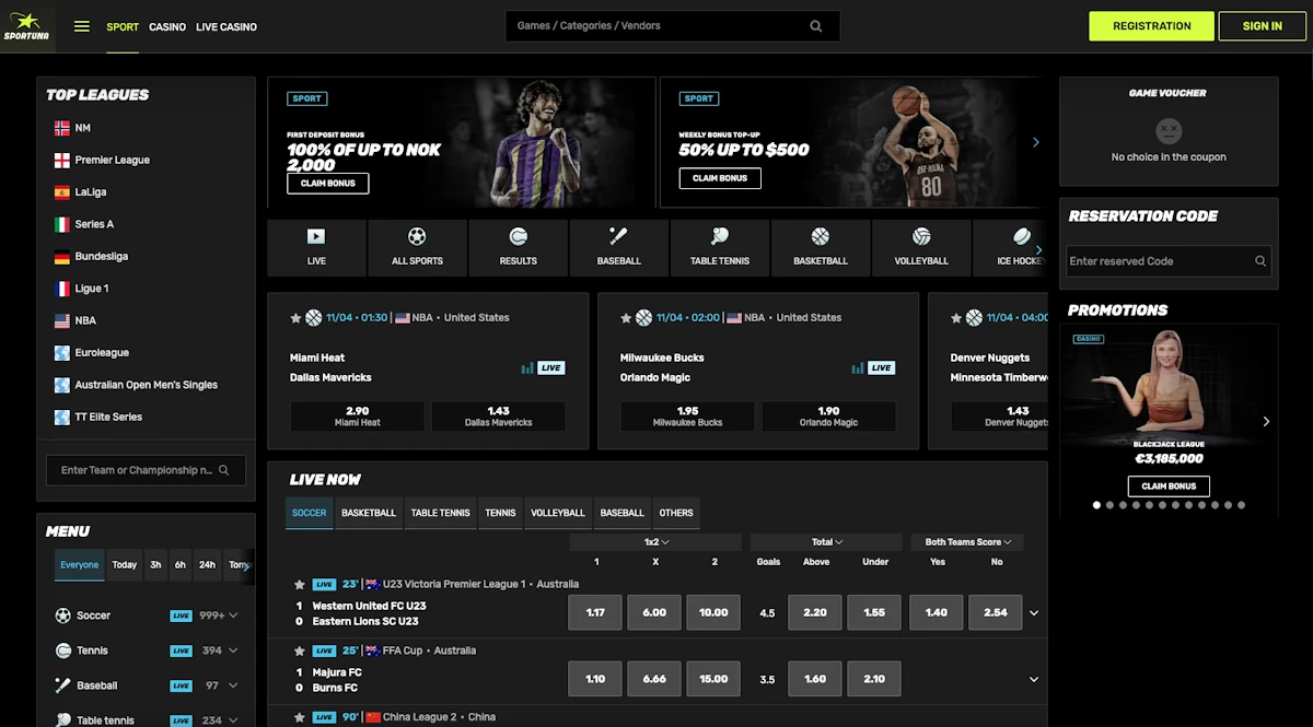 Schermata del Sportsbook Sportuna