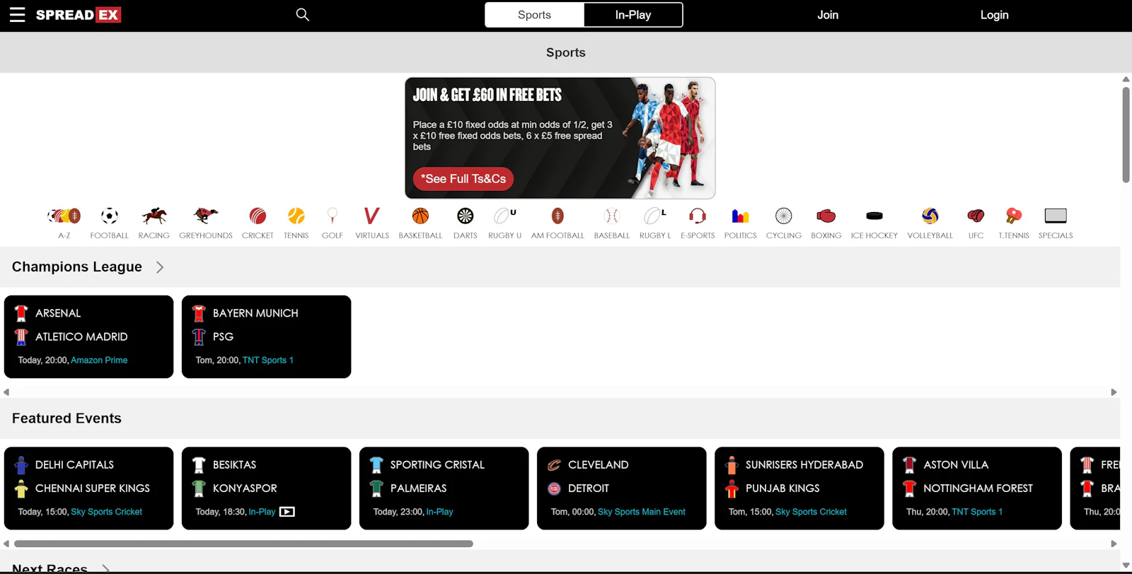 Spreadex upcoming sports