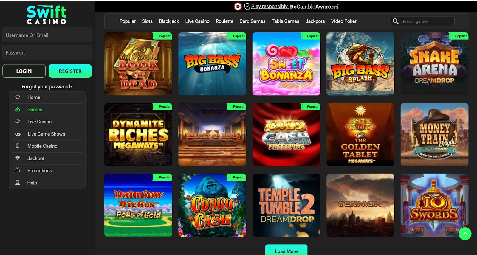 Swift Casino slots page