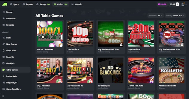 Table Games menu at Midnite