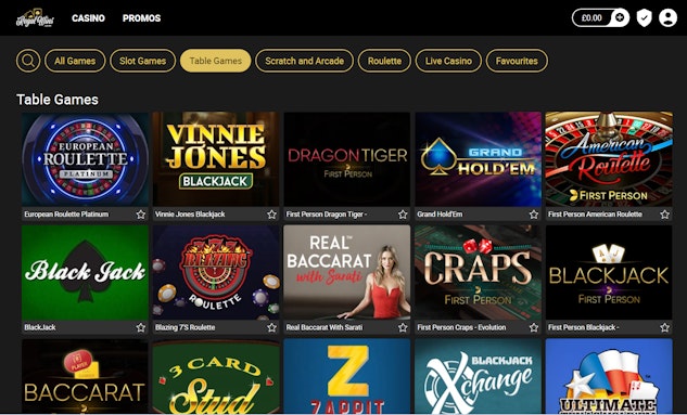 Table games menu at Regal Wins