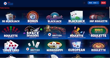 Table games menu featuring titles such as Blackjack Roulette and Poker