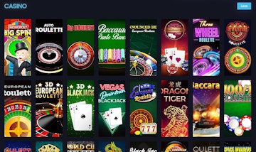 Table games menu listing the first 16 games including Monopoly Big Spin and Auto Roulette