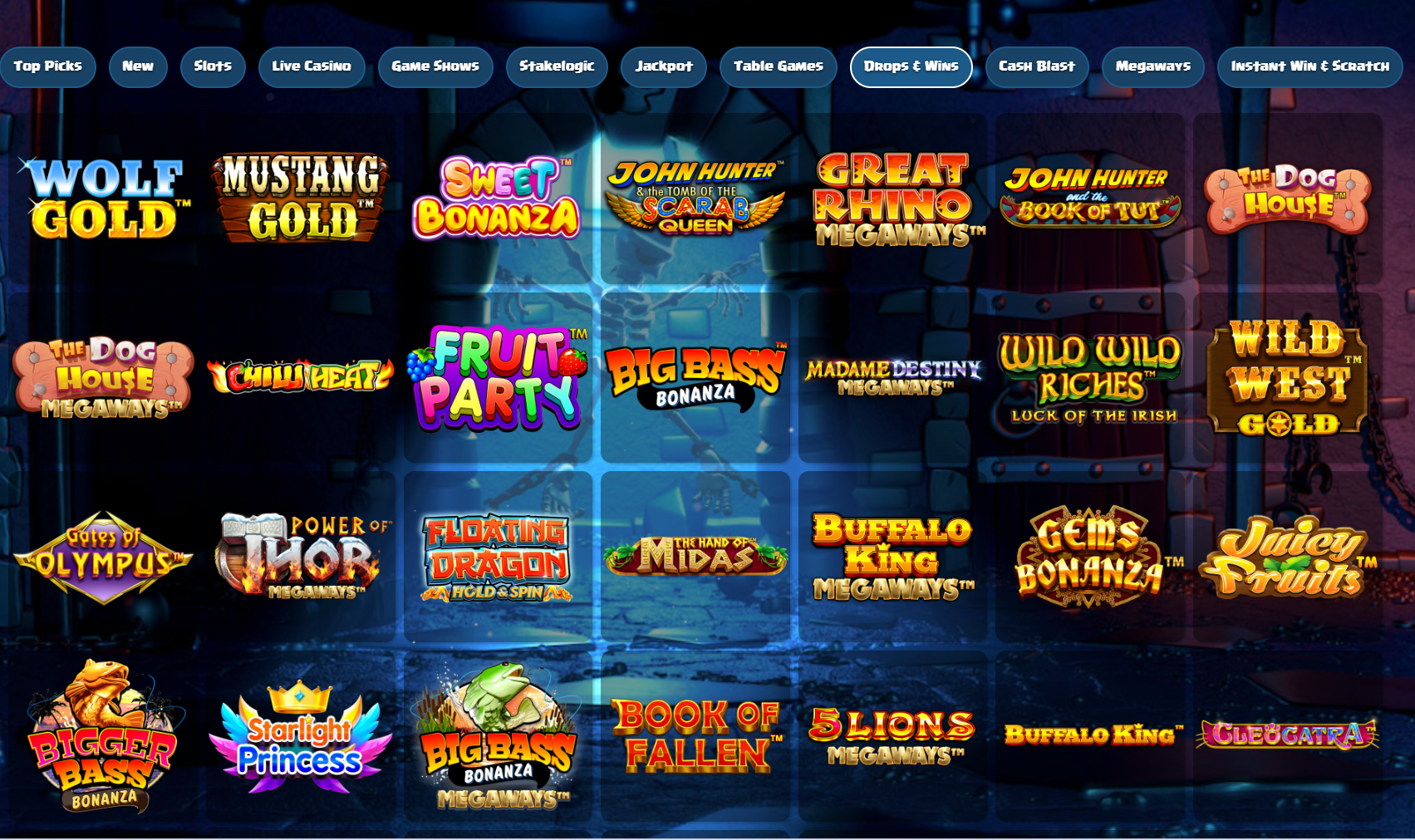 The Drops And Wins games menu