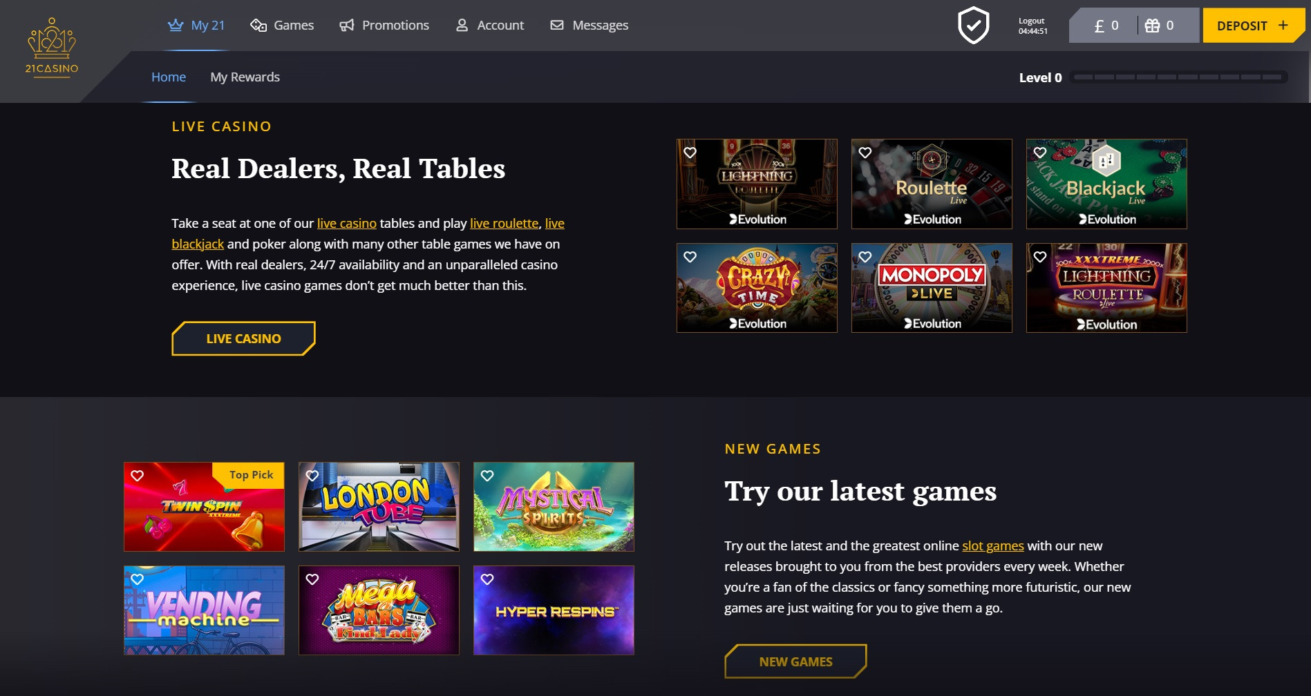 The home screen features plenty of useful information Here it detais its live casino games and current new titles avaialble for players
