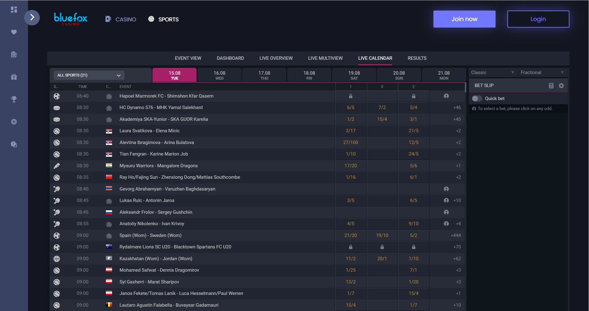 The live calendar is a great feature at Bluefox Casino keeping users up to date with all the big events
