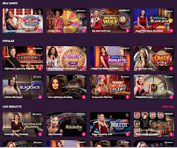 The live games menu includes sections for new and popular games featuring the likes of Funky Time Big Bad Wolf and more