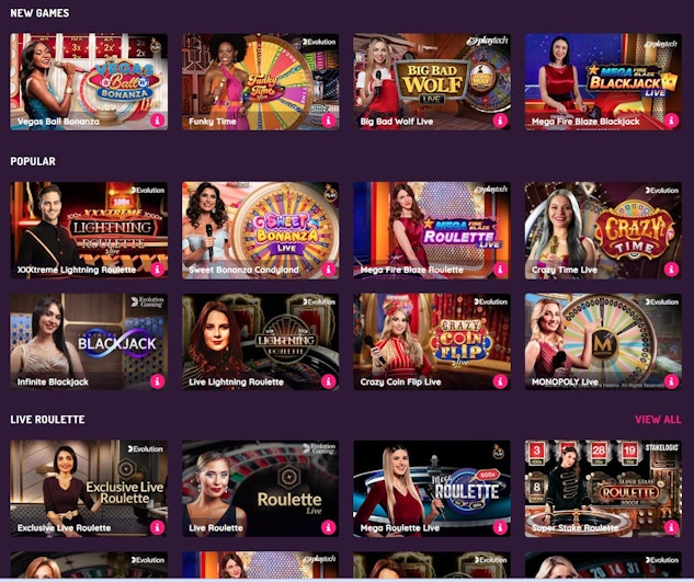 The live games menu includes sections for new and popular games featuring the likes of Funky Time Big Bad Wolf and more