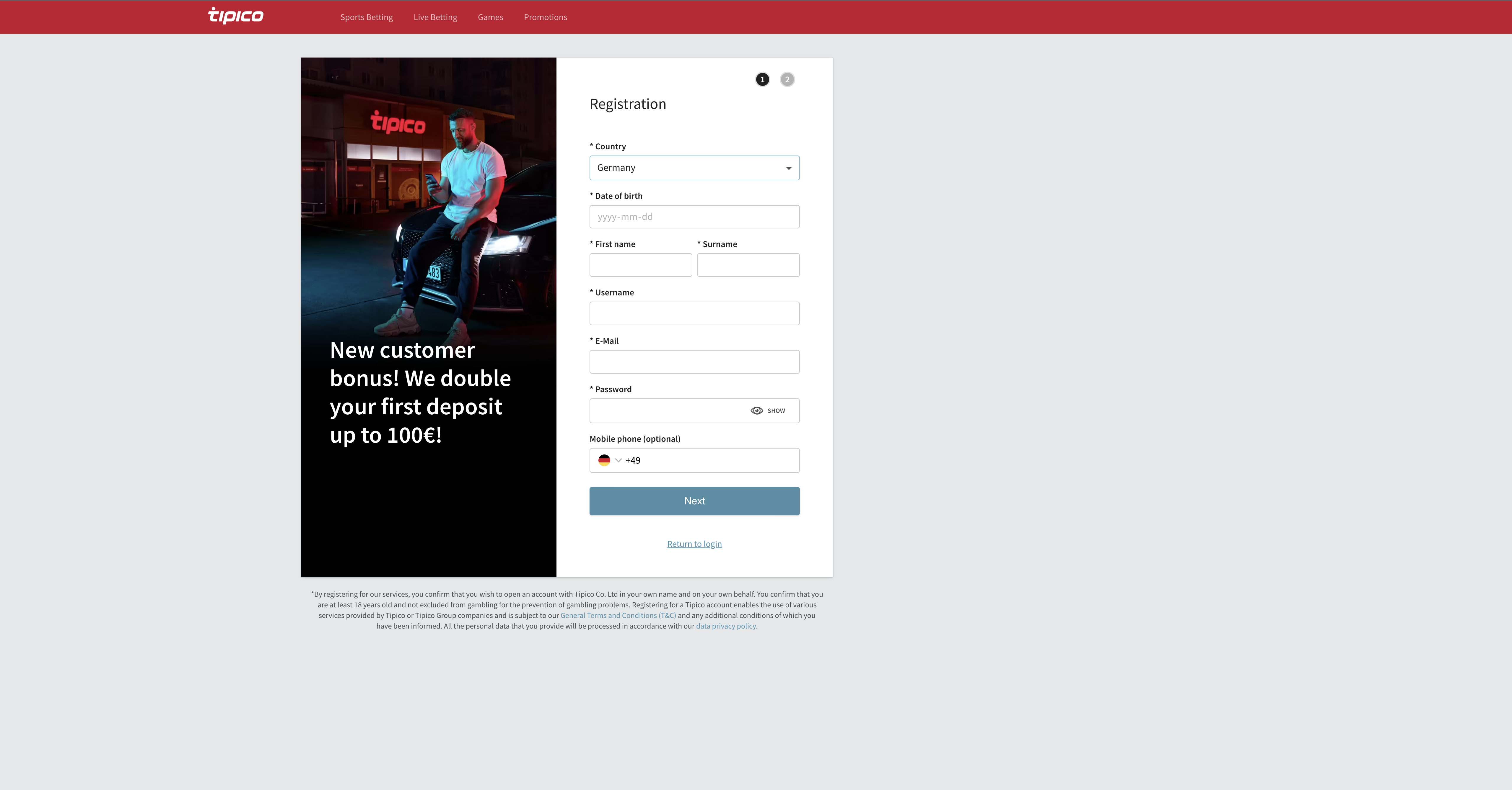 Tipico bonus register page screenshot