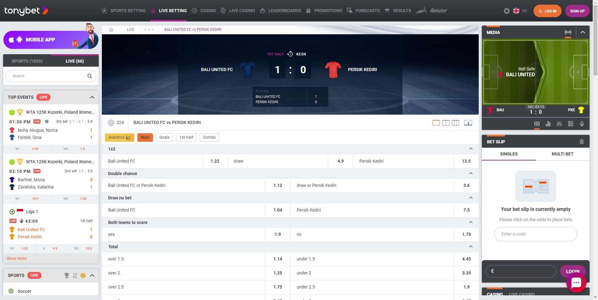 Tonybet Live betting