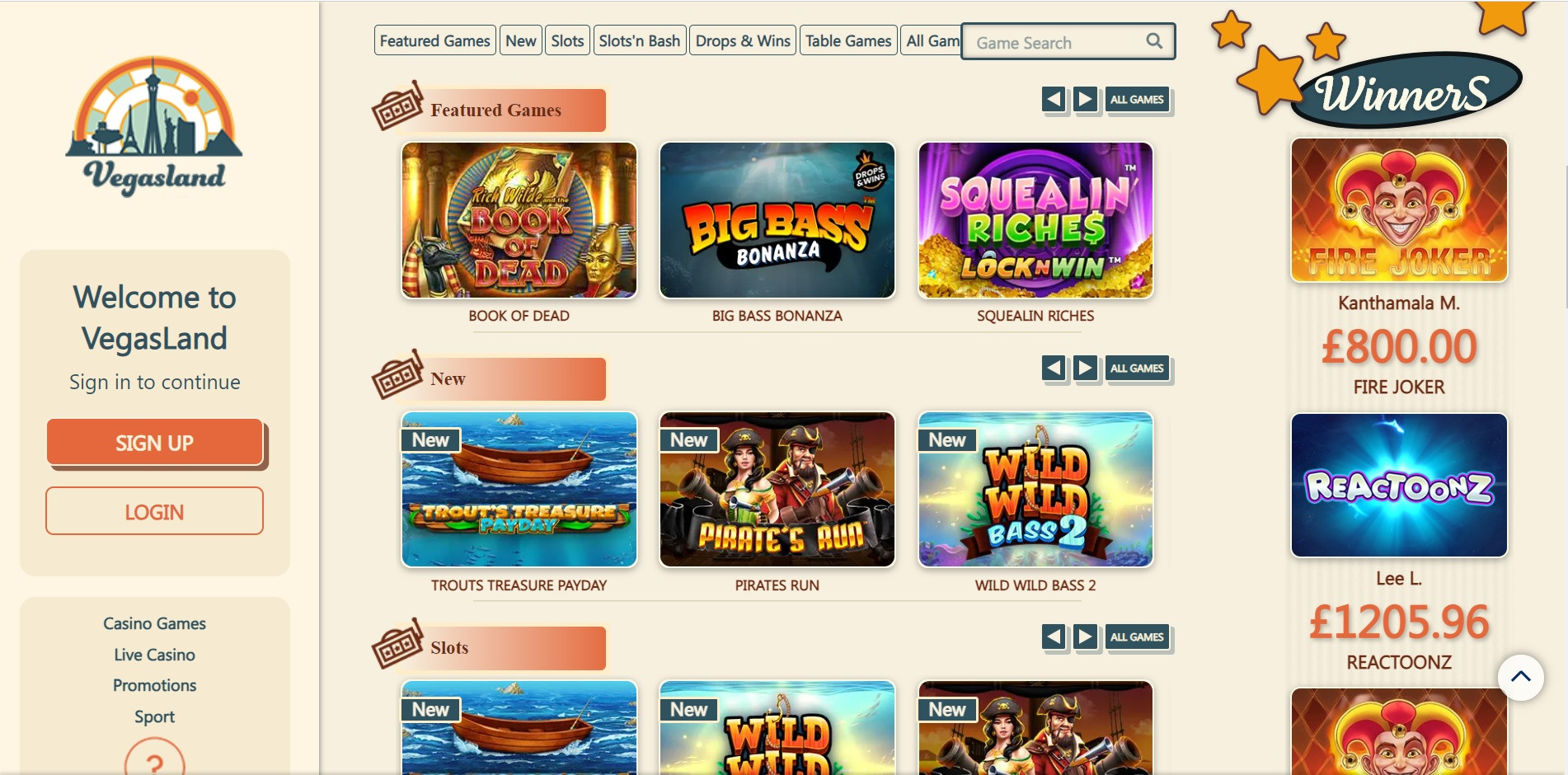 Vegasland casino homescreen