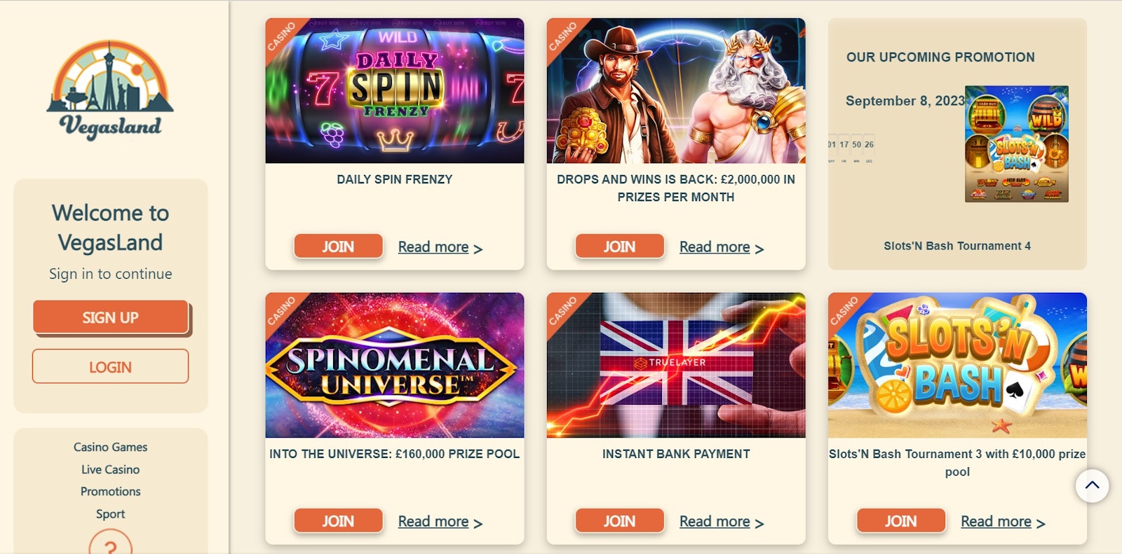 Vegasland promos homescreen