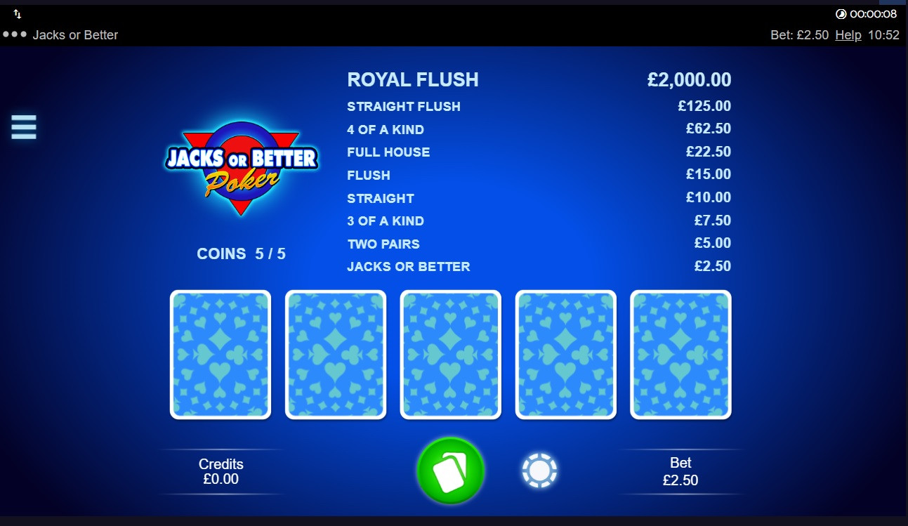 Video Poker main screen to win players must hit jacks or better