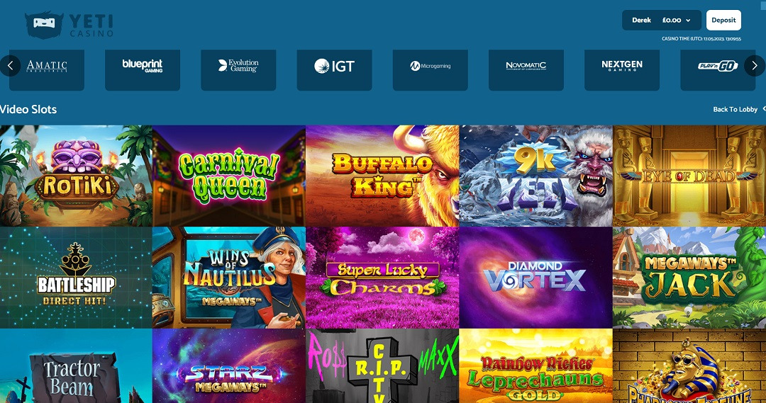 Video slots list with images of games available and buttons for individual game providers for easy access