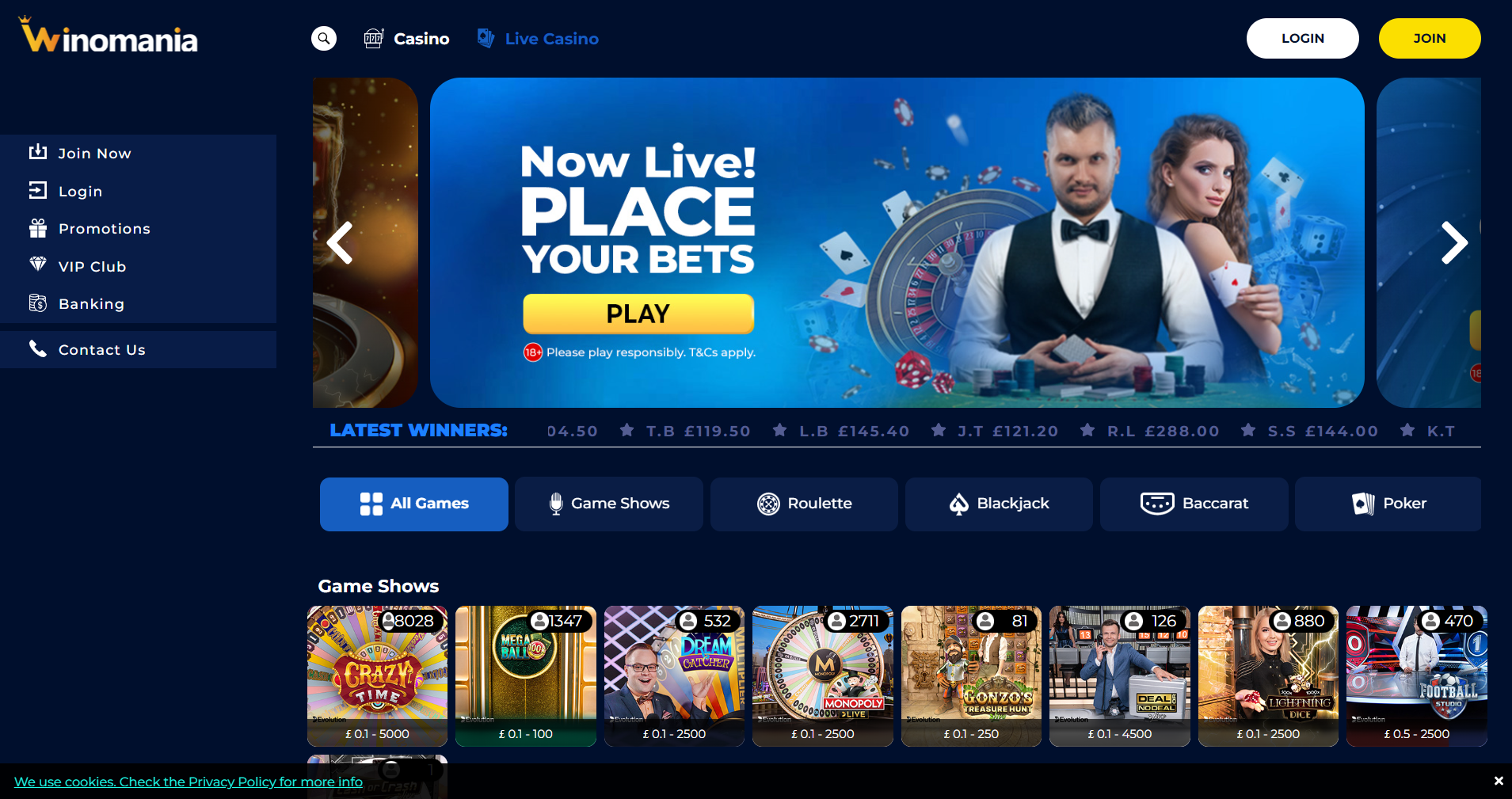 Winomania live casino page