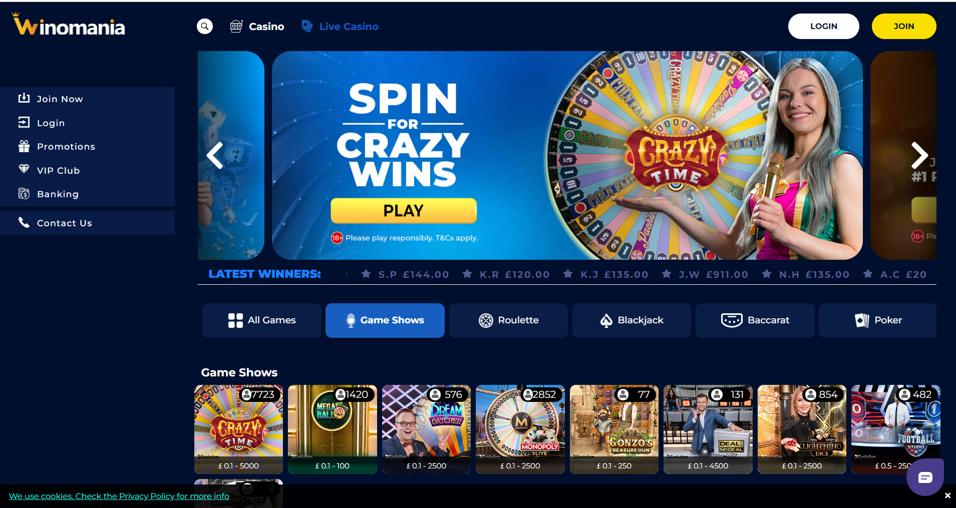 Winomania live games page