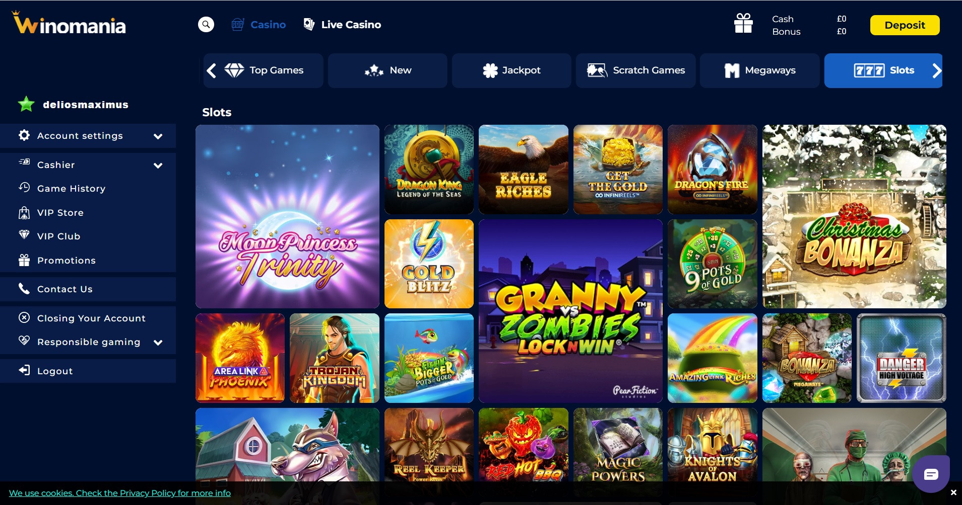 Winomania slots main page featuring the latest and greatest sot titles to play