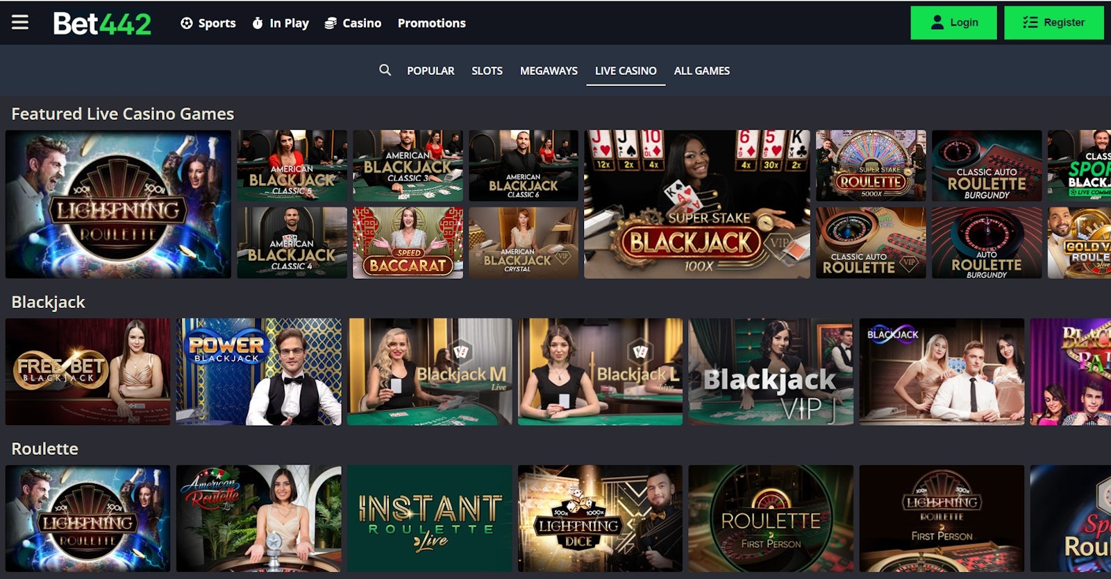 Bet442 live casino page