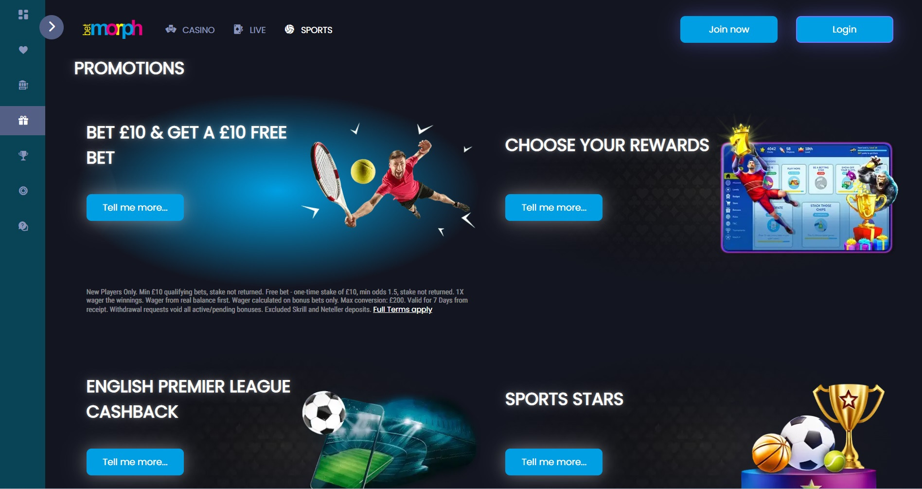 Betmorph promotions screen