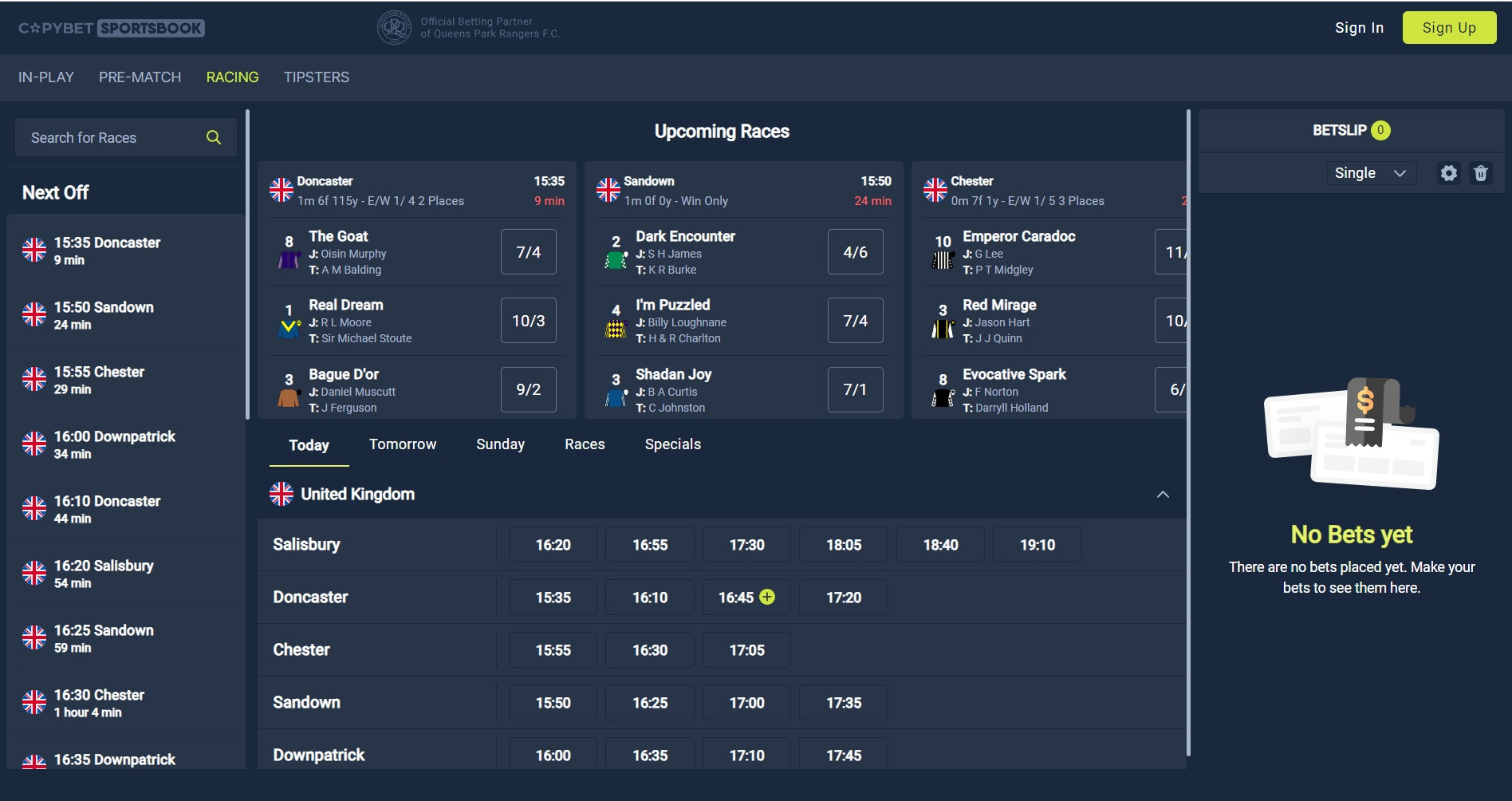 Copybet horse racing page