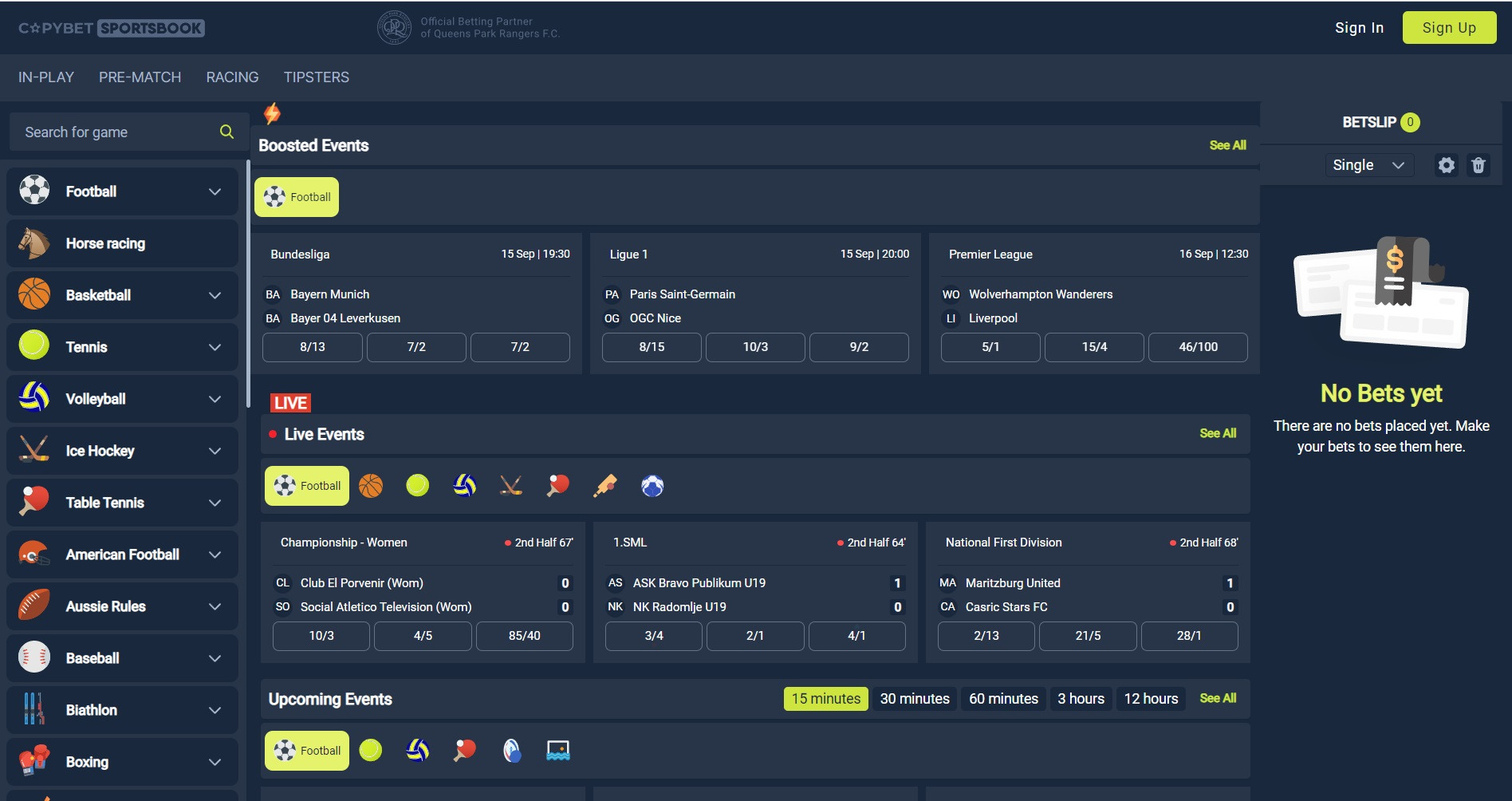 Copybet sportsbook main page