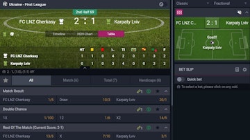 In play display and stats plus betting markets list for Ukrainian football match