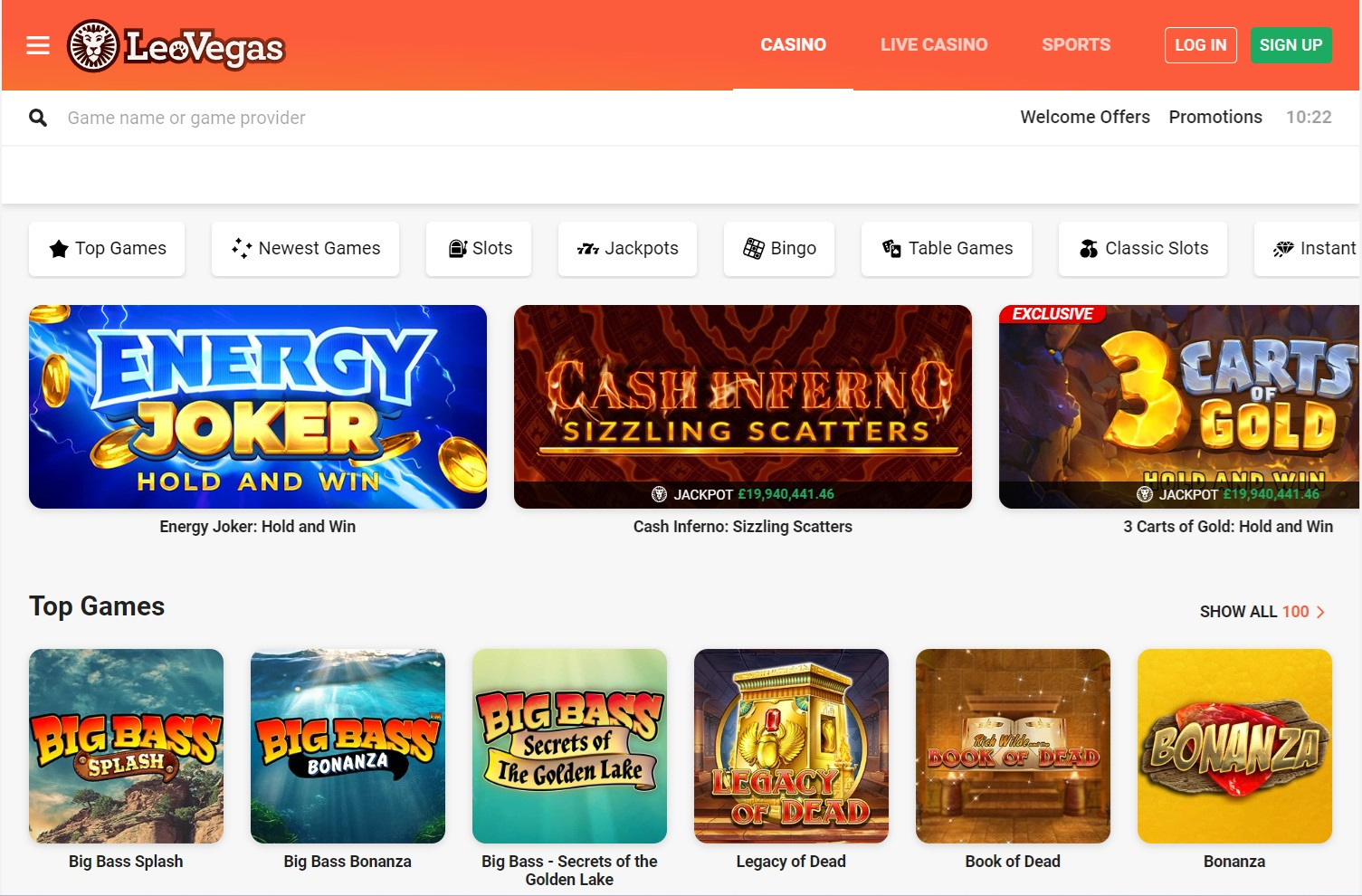 Leovegas new homescreen