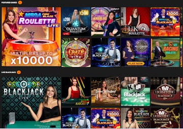 Live games menu at quinnbet casino