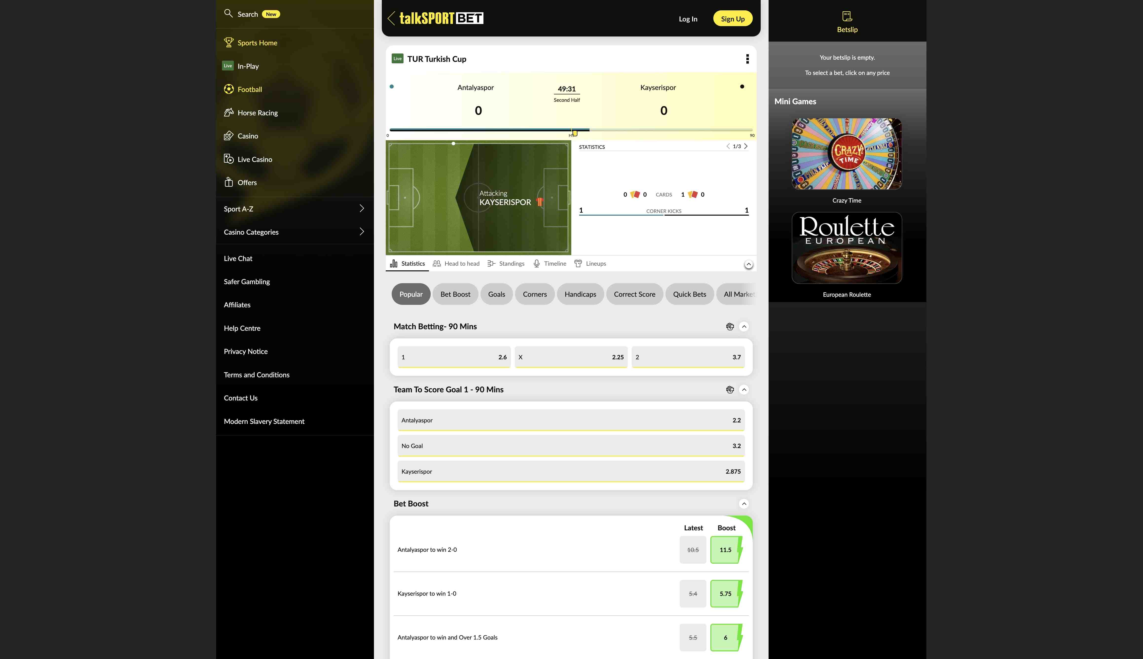 Talk SPORT BET football live betting screenshot