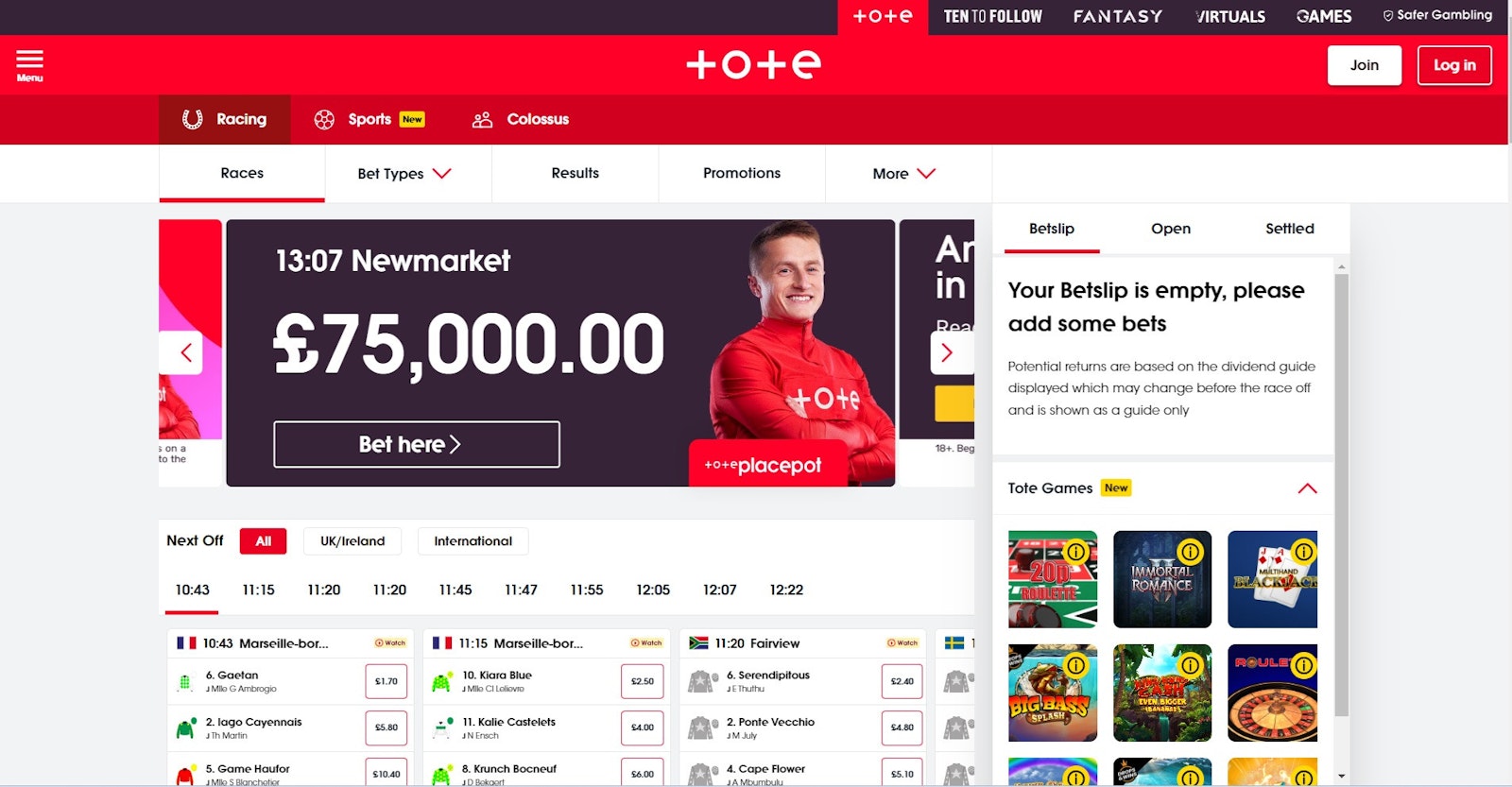 Tote horse racing page